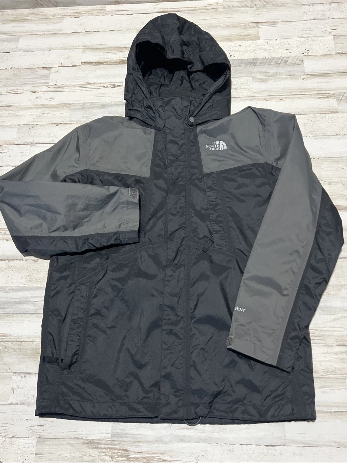 The North Face Hyvent Jacket Boys Large Black gray Hiking Hooded Rain wind youth