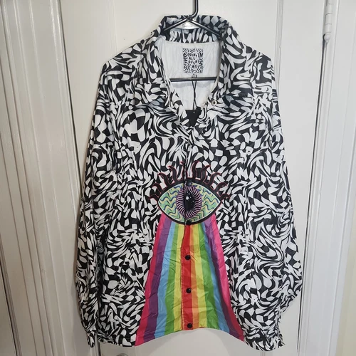 Rara giacca stampa All Over Me (PAOM) uomo M nera e bianca Trippy Eye Coach arcobaleno