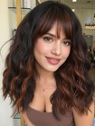 Highlight Wig With Bangs Medium Length Wavy Wig Synthetic Black Mixed Brown C...