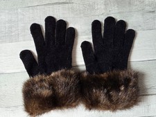 Black Winter Knit Gloves With Faux Fur Trim For Women