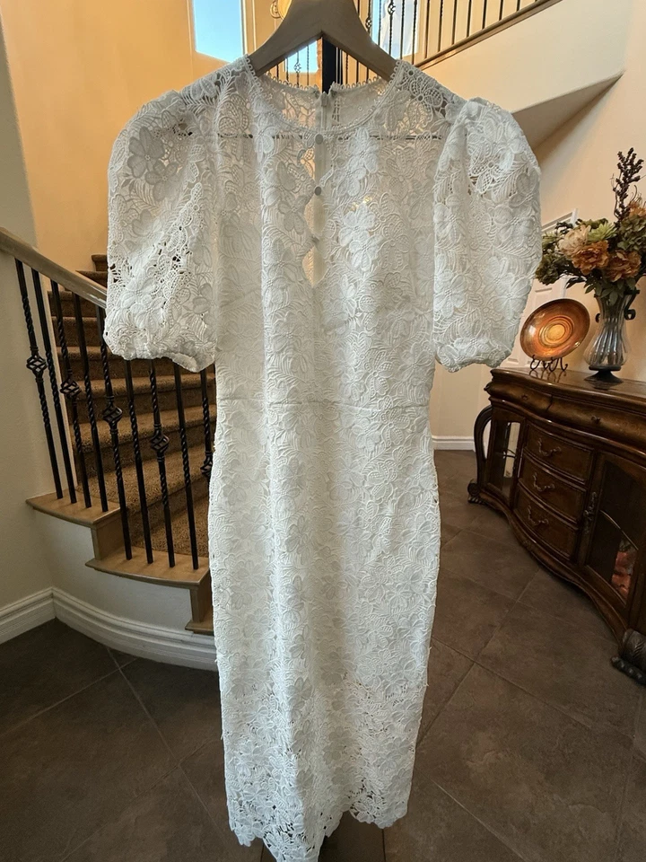 MONIQUE LHUILLIER White Embroidered Lace Puff Sleeve Midi Dress 4 Event Stunning - image 2 of 4