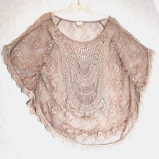 Daytrip Sheer Topper Crochet Lace Women L Beige Pullover Cottagecore Fairycore