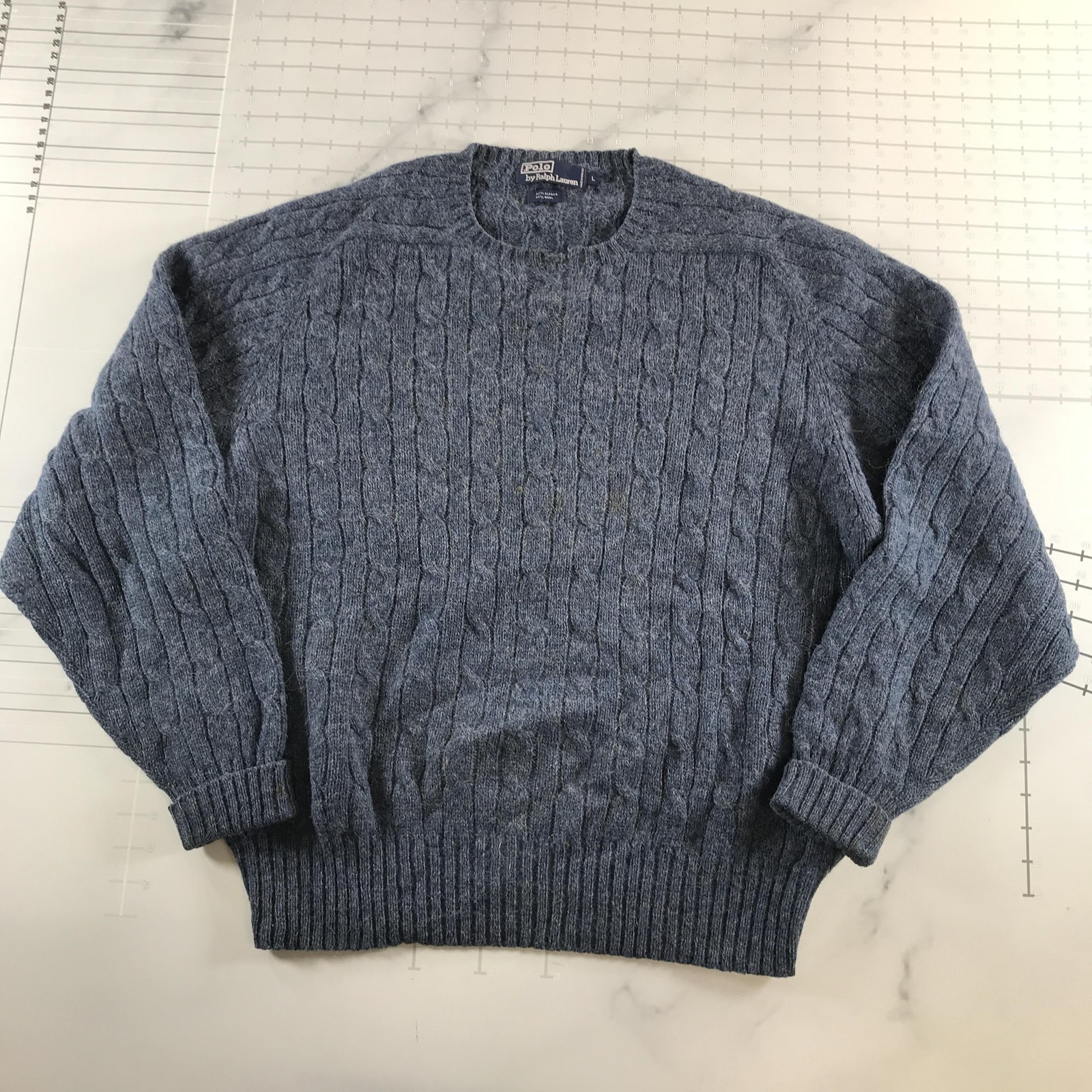 Vintage Polo By Ralph Lauren Sweater Mens Large Blue Alpaca Crew Neck Cable Knit