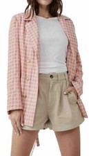 Free People Double Breasted Blazer M Olivia Gingham Pink Rose Cream Waist Tie