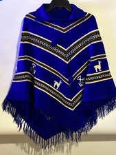 Vintage Womans Blue Striped Hand Made Peruvian Poncho