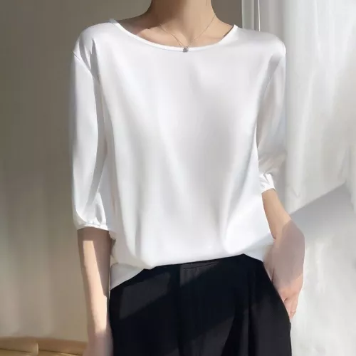 Damen Elegant Satin 3/4 Ärmel Seide Tops Rundhals Bluse T-Shirt Locker Freizeit - Bild 14 von 30