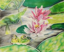 Art original frog at the pond garden park floral mixed media paper