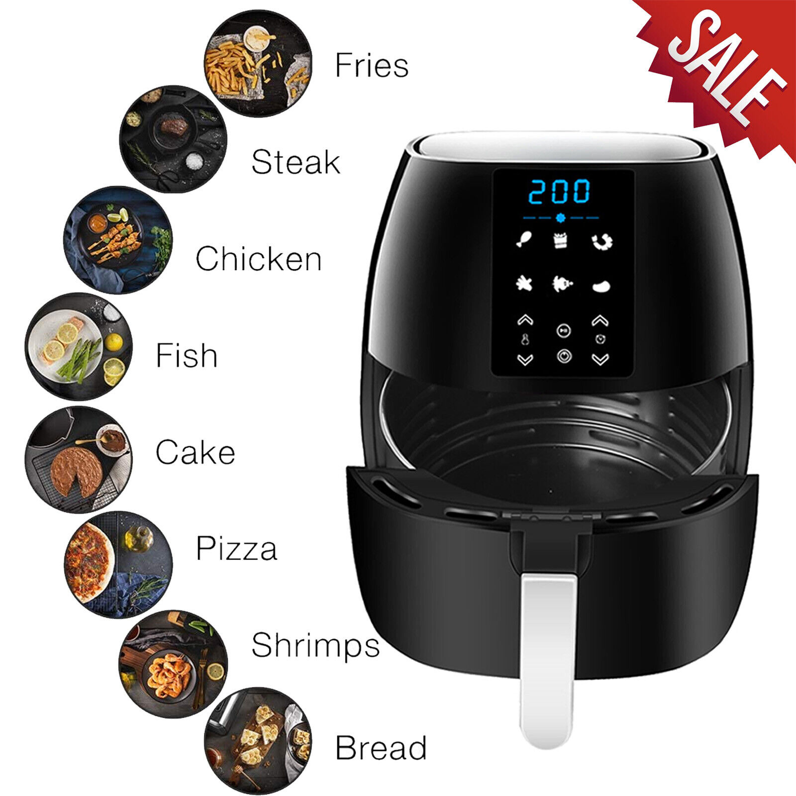 XL 5.8QT Digital Electric Air Fryer with LED Touch Display 6 Functions + Recipes