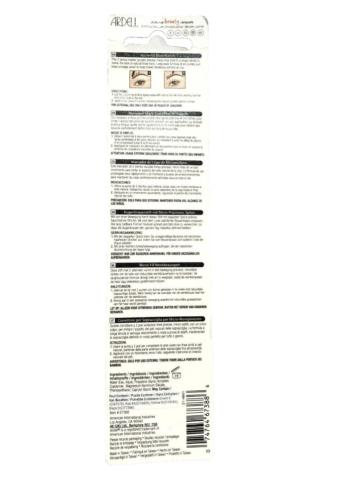 Marcador de micro relleno para cejas Ardell Pro punta de 2 puntas marrón medio de largo uso Foto 4 de 4