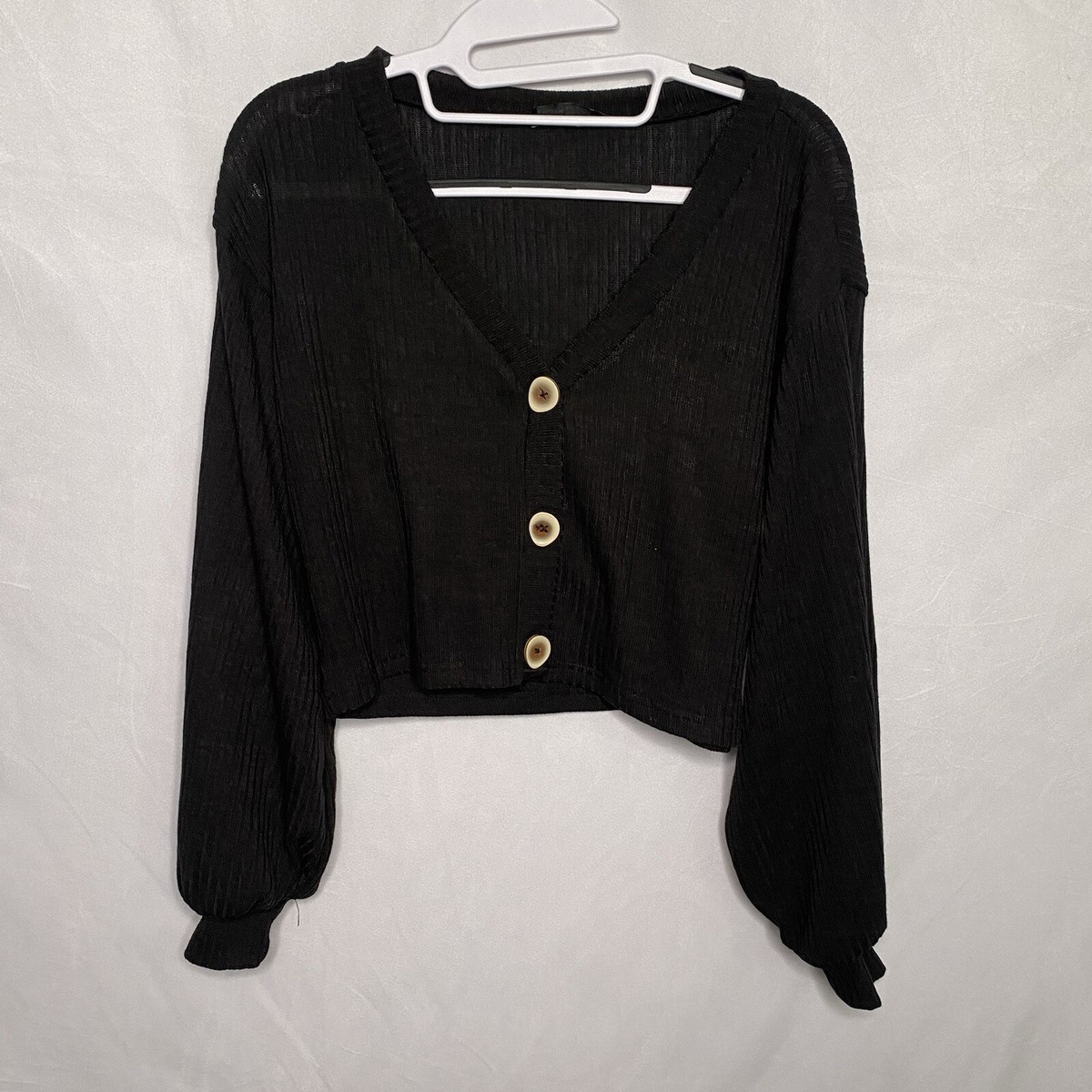 SHEIN Black Stretch Knit Cropped Button Up Puffy Sleeve Cardigan