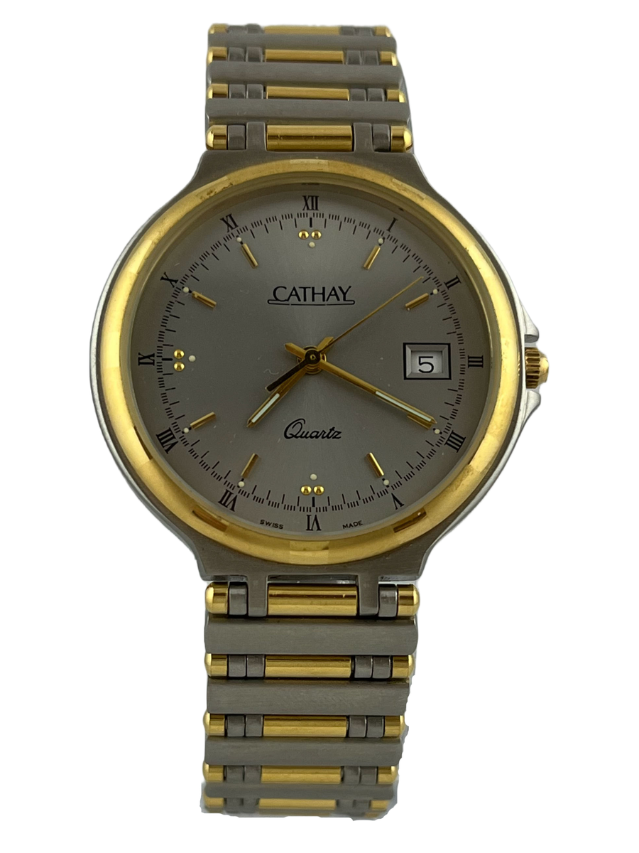 Vintage NOS Herrenarmbanduhr Cathay Quartz mit Datum und Schild,  funktioniert