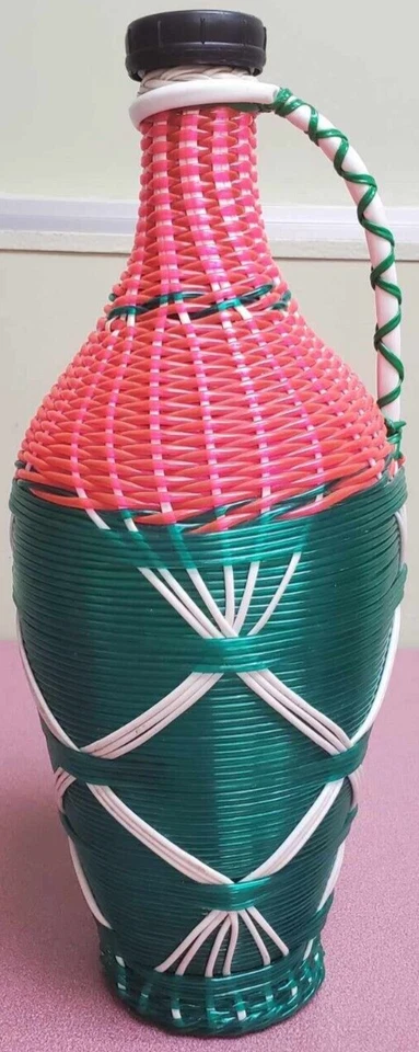 VTG Heavy Glass Plastic Wicker Wrapped Wine Bottle Jug w/ Wood Base - Image 3 of 4