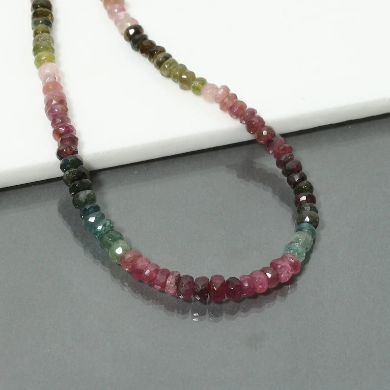 Natural Watermelon Multi Tourmaline Faceted Gemstone Beads Handmade Necklace 18" - Image 3 of 4