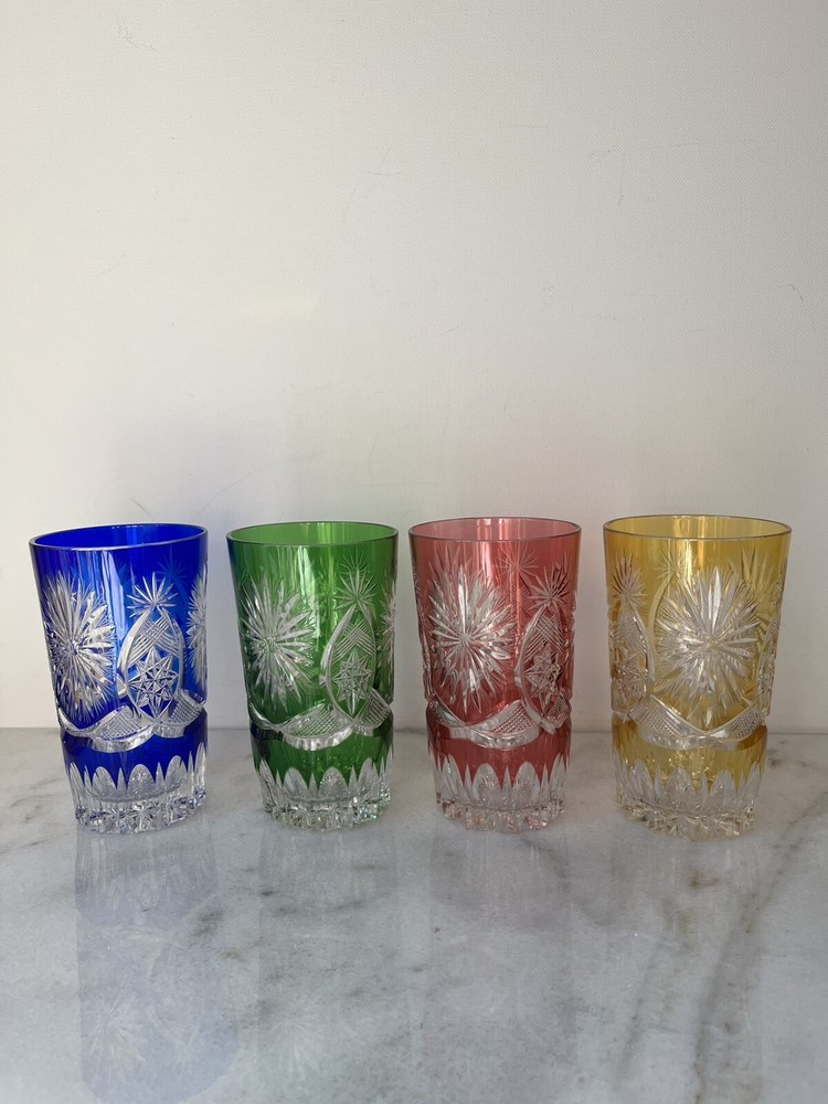 Tumbler glass Blue Red Yellow Green Hand Cut Glasses Set Of 4
