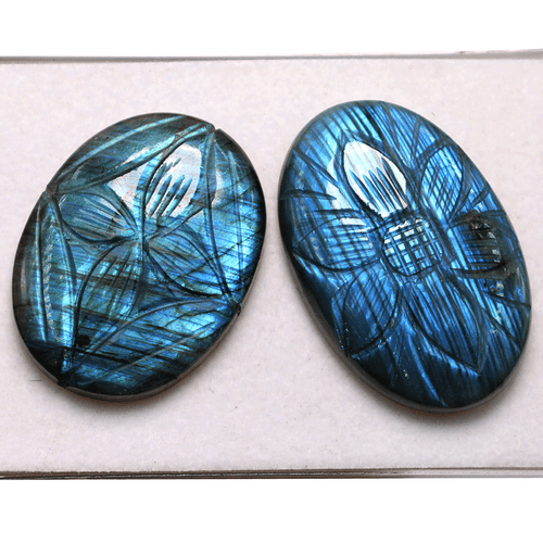 2 Pcs Natural Labradorite Hi-Quality Hand Carved 39-43mm Oval Cabochon Gemstones - Picture 10 of 12