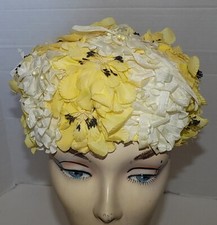 Vintage 50s 60s Yellow White Floral Covered Pillbox Hat