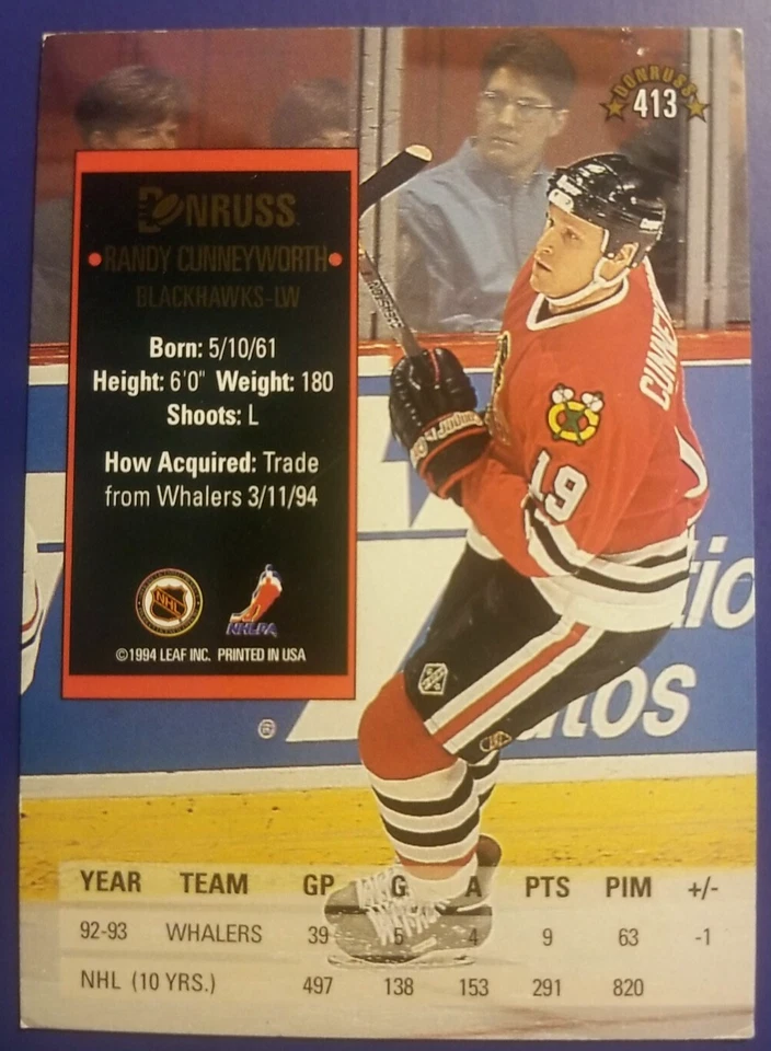 Randy Cunneyworth Whalers 1994 Donruss NHL #413 Autographed Hockey Card  - Image 2 of 2