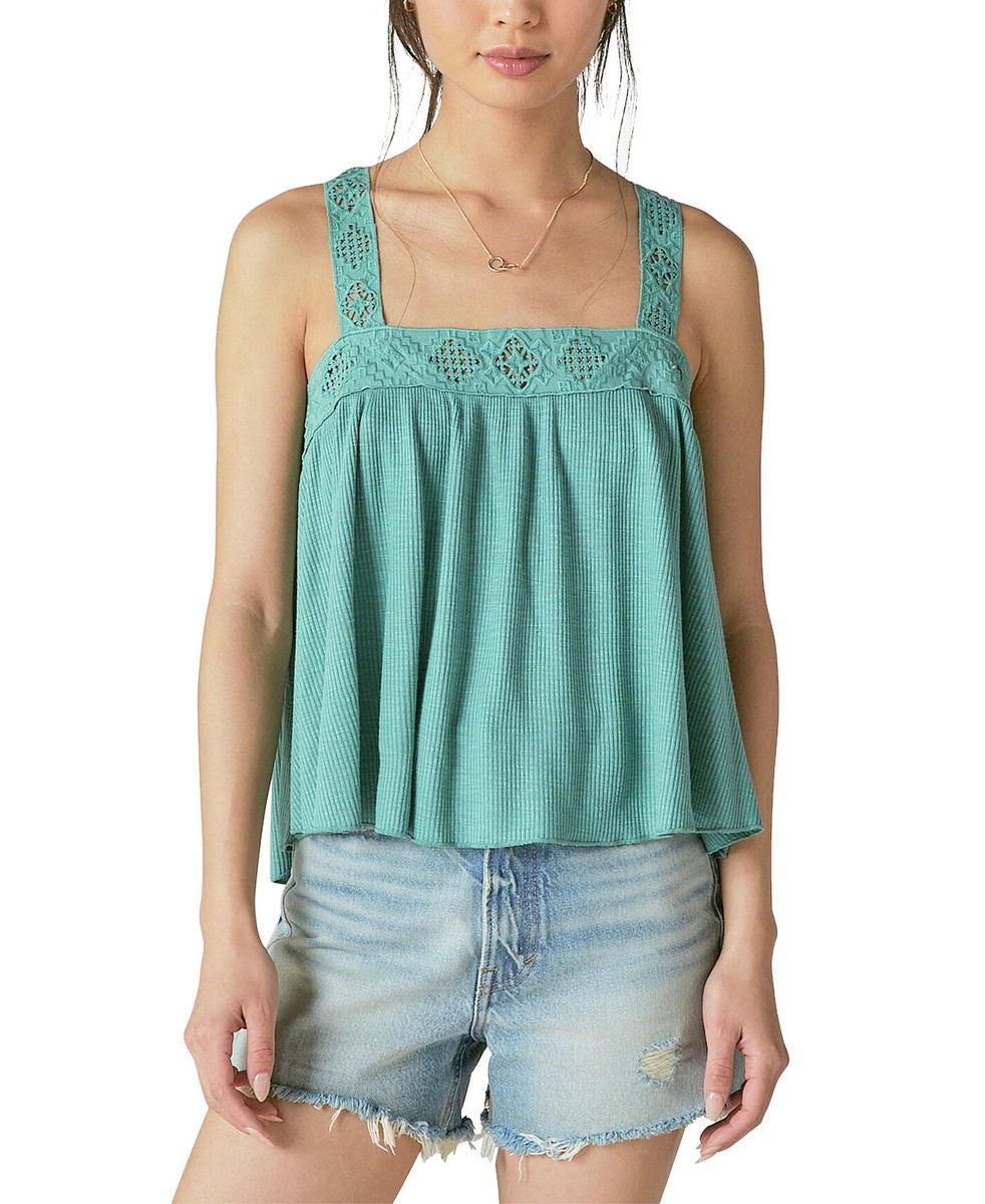 売れ筋商品|||ラッキーブランド カットソー トップス レディース Women's Cotton Lace-Trim Tank Top Strong Blue Lucky Brand Women's Blue Lace-Trim Tank Top - L - Blue | eBay