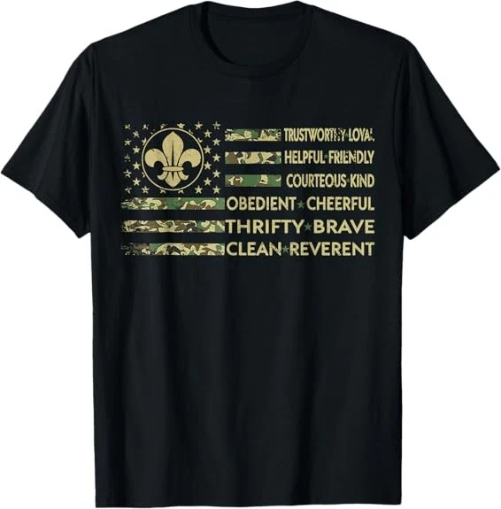 Scout Leader Funny Scout Camping Camo US America Flag Retro T-Shirt S-3XL