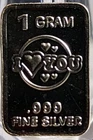 1 Gram .999 Fine Silver Art Bar Ingot. I Love You. Fun & Unique Way To Invest.