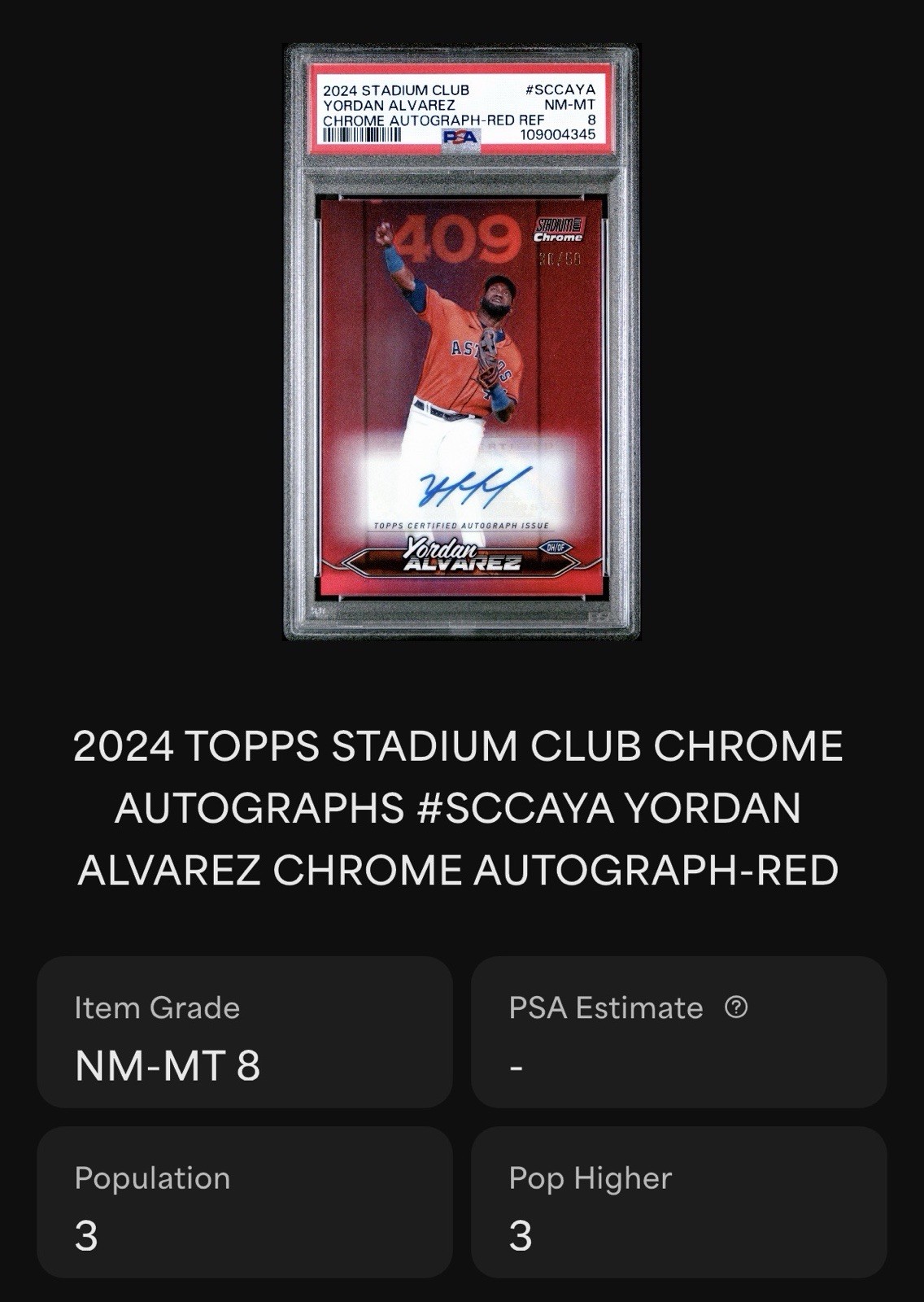 2024 Yordan Alvarez Topps Stadium Club Chrome Red Refractor Auto 30/50 PSA 8 view 2