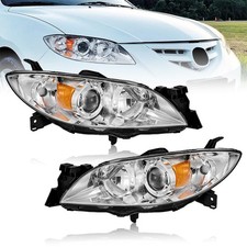 04-09 Mazda 3 Sedan Halogen Projector Headlight Pair Chrome Amber Reflector