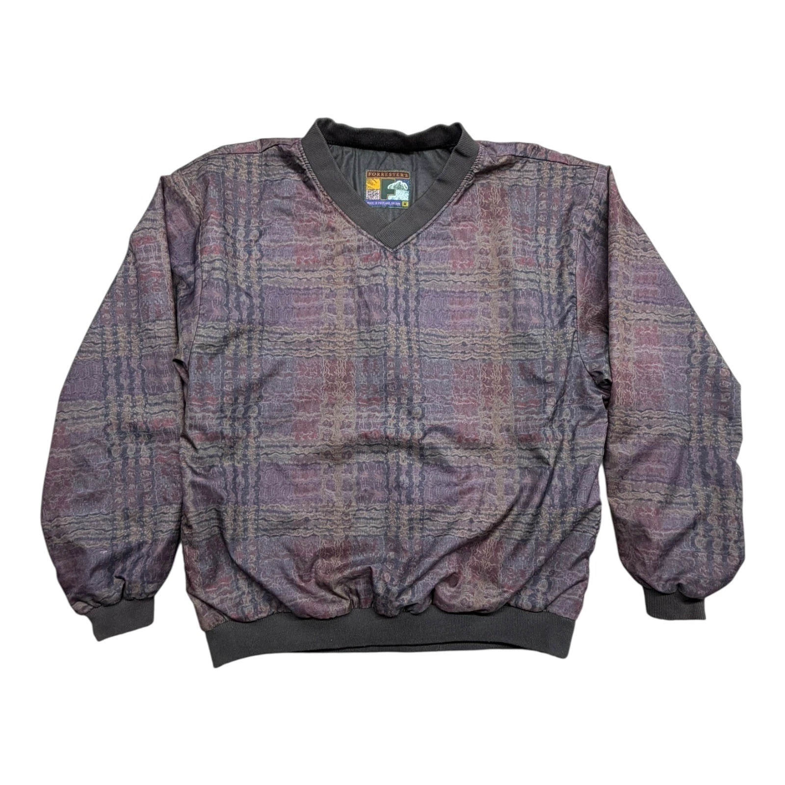 Forresters VTG Mens Med Purple Abstract Plaid V-Neck Golf Pullover Windbreaker
