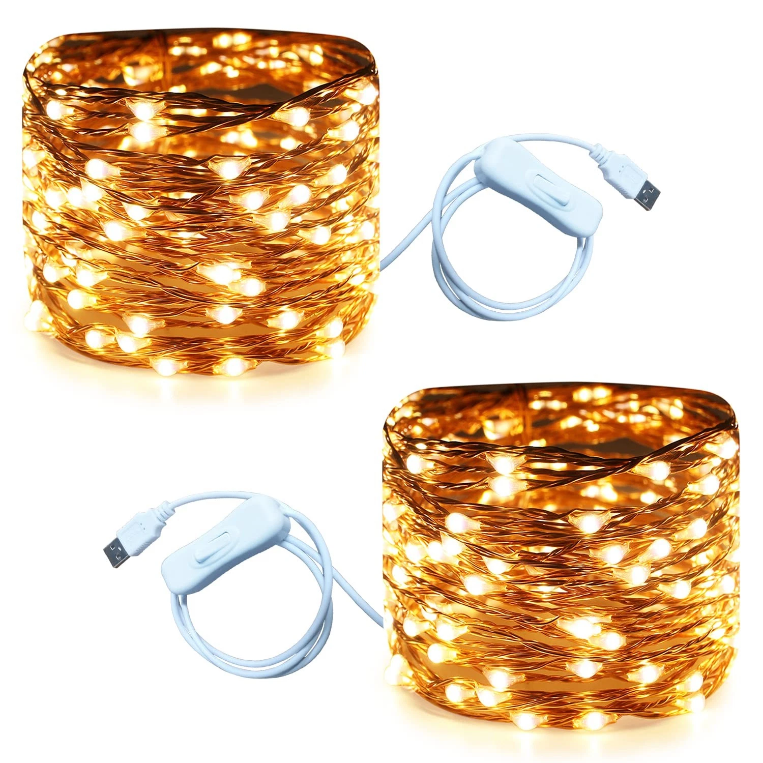 2 PCS 20 FT 120 LED USB Fairy String Lights Waterproof Copper Warm White