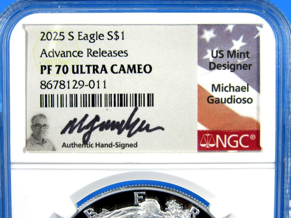 American Silver Eagle 2025 S, "S" acuñado NGC Pf 70 Ucam Adv. Rel., Gaudioso Sig Foto 3 de 4