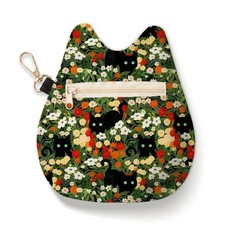 Cat Shaped Coin Purse, Black Cats Aesthetic Flower Print Zipper Velvet Change Po