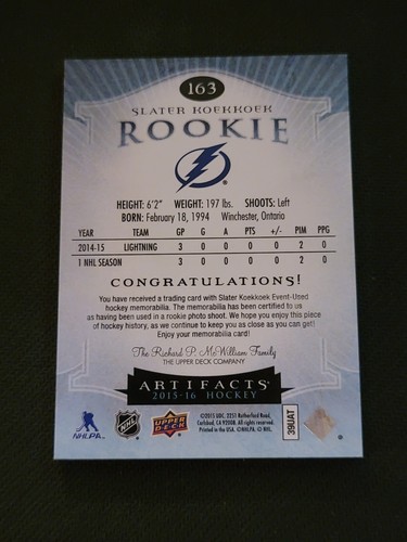 2015-16 UPER DECK ARTIFACTS SLATER KOEKKOEK #163 #ed 46/99 ROOKIE DUAL PATCH RC - Picture 2 of 2