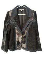 Vintage Travelsmith Floral Appliqué Denim & Tweed Blazer Womens Medium Colorful