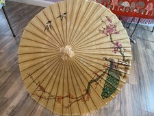 Vtg ASIAN Umbrella BAMBOO  RICE PAPER HAND PAINTED FLORAL BIRD PARASOL Lrg 44  