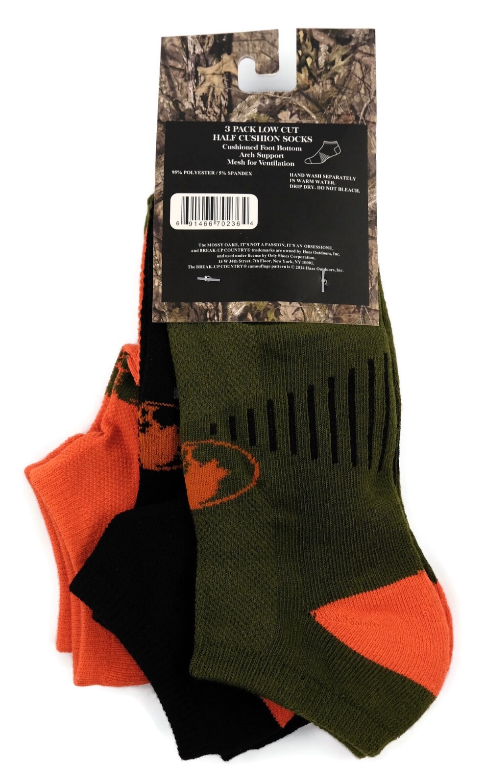 3 Pair Mossy Oak Low Cut Socks Mens 612 Half Cushion Orange Black