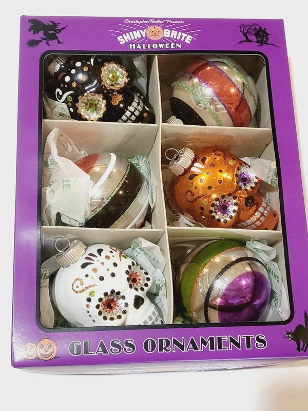 Radko Shiny Brite Box 6 Retro Glass Large Halloween Ornaments Sugar Skull +++