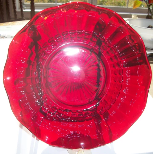 VINTAGE ANCHOR HOCKING ROYAL RUBY RED BOWL  w/SCALLOPED RUFFLED EDGE