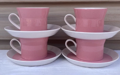 Mikasa Duplex Ben Seibel Candy Pink Flowers 4 Sets Cup and Saucer Mid Century