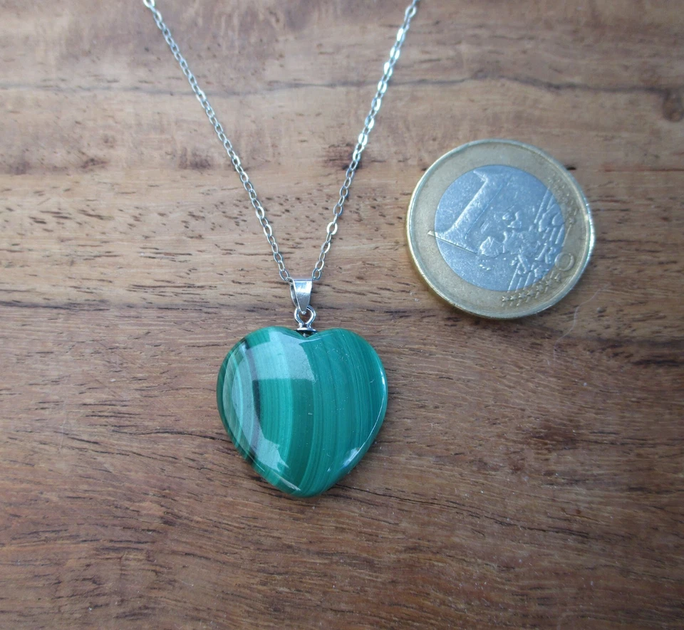 catenina collana donna pietra malachite charm amuleto cuore argento 925 rodiato - Immagine 3 di 4