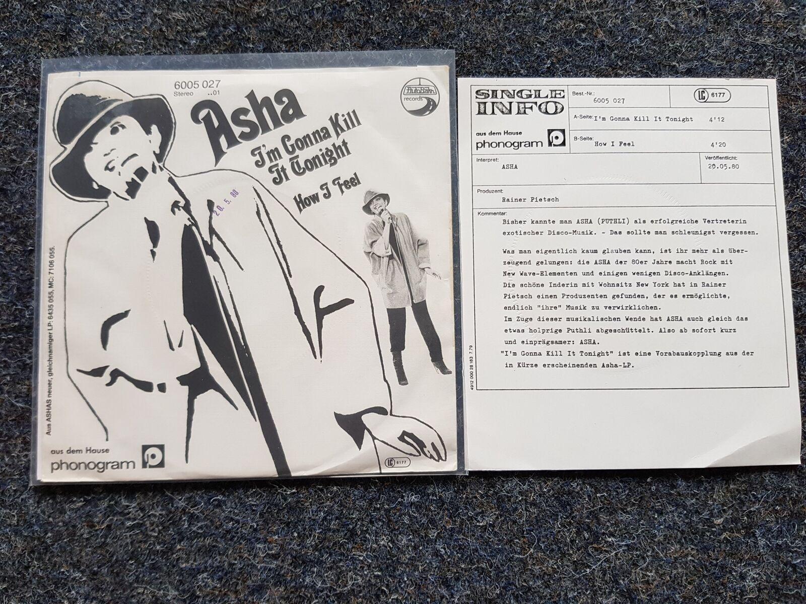 7"" Single Vinyl Asha Puthli - I'm gonna kill it tonight Germany WITH PROMO FACTS