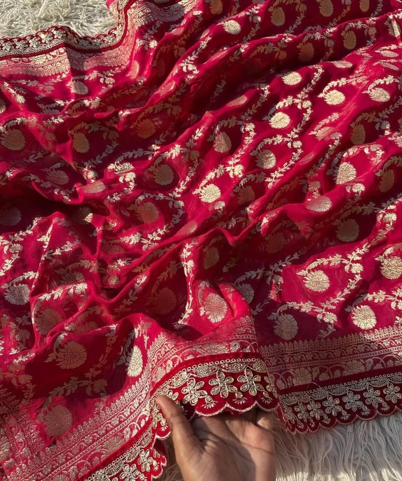 nuevo diseñador Banarasi viscosa georgette sari kanchi zari terciopelo secuencia sari Foto 3 de 4