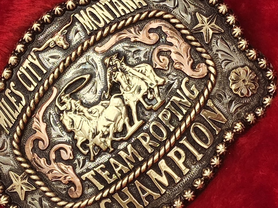 MONTANA PRO RODEO TEAM ROPING CHAMPION TROPHY BUCKLE☆MILES CITY☆RARE ...