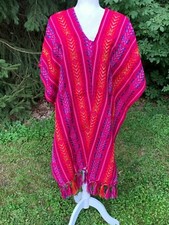 Fringed Gaban Poncho Woven Maya Pattern 6x2.75 Mexican Pink Rainbow OneSize P4