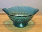 Jeanette Ultramarine Swirl Depression Glass Footed Bowl Teal Green Aqua 10.5 Vtg