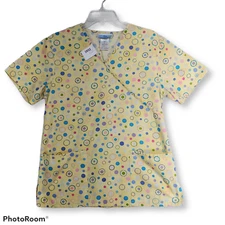 SB Scrubs Top Womens Small Yellow Pink Blue Circles Tie Back Mock Wrap Medical