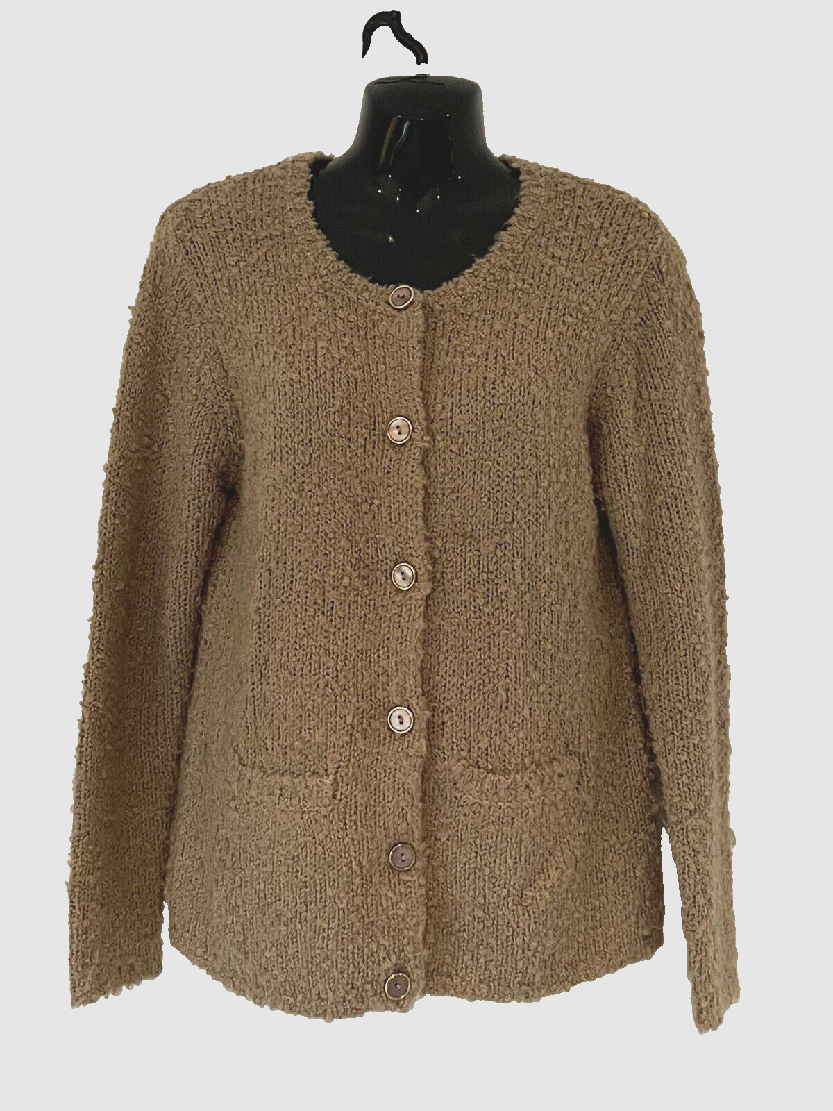 EMRECO BEIGE LONG SLEEVE FLUFFY CARDIGAN SIZE 12 BUTTON FRONT / 2 POCKETS