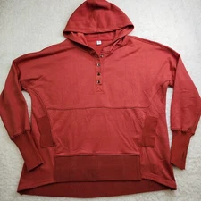 Anrabess Hooded Sweatshirt Henley Med Red Pockets Comfort Athleisure Snaps