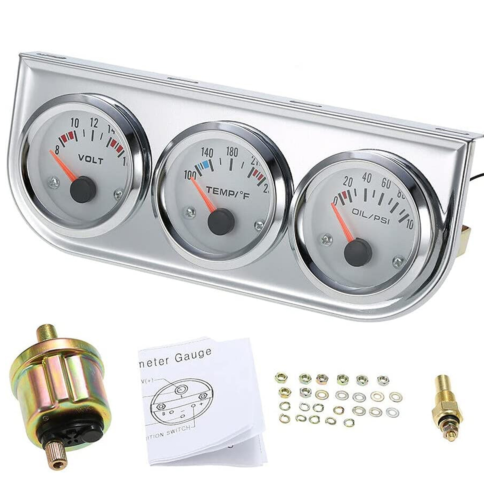 2" Chrome Car Meter Auto Triple Gauge Kit Oil Pressure/Volt/Water Gauge