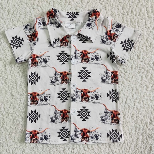 Cowboy Summer Toddler Highland Cow Cactus Short Sleeve Shirt Top - Picture 5 of 16