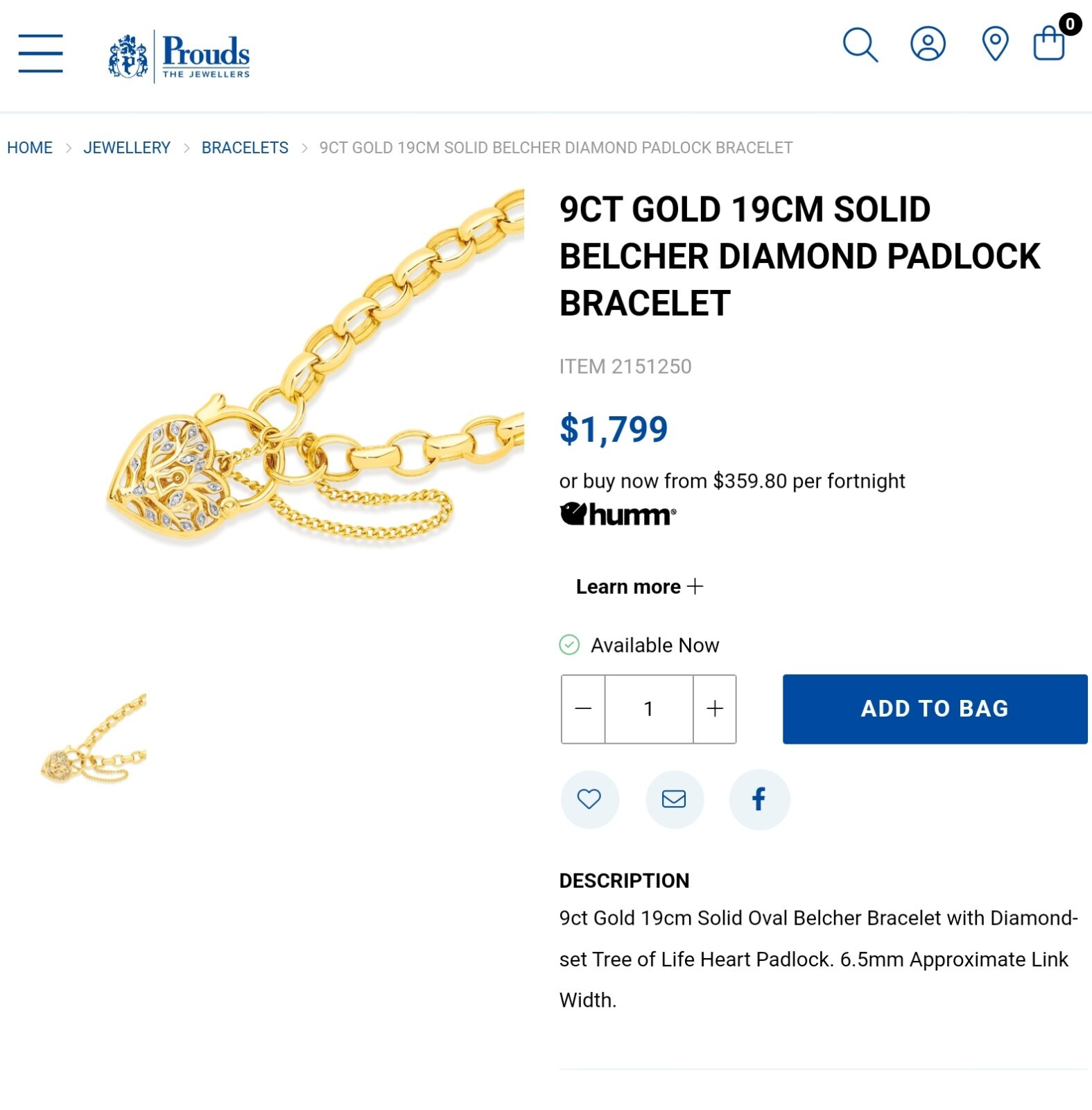 Prouds 9ct Yellow Gold Bracelet Belcher Heart Padlock Bracelet 19cm