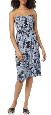 Theory Silk Elastic Back Slip Dress Blue Tile Pattern Women's Size L NWT $365